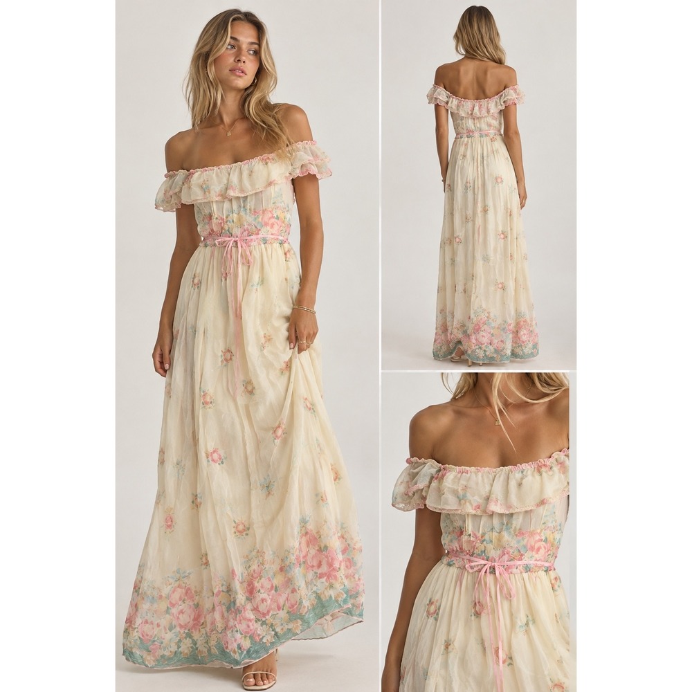 Vintage 70s Floral Off Shoulder Maxi Dress Pink Rose Prairie Cottagecore Cream